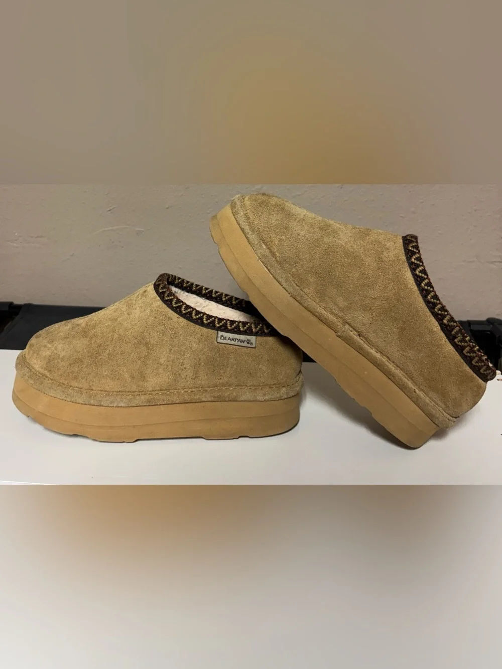 BearPaw Kids Slip-On Loafers in Tan with Patterned Trim